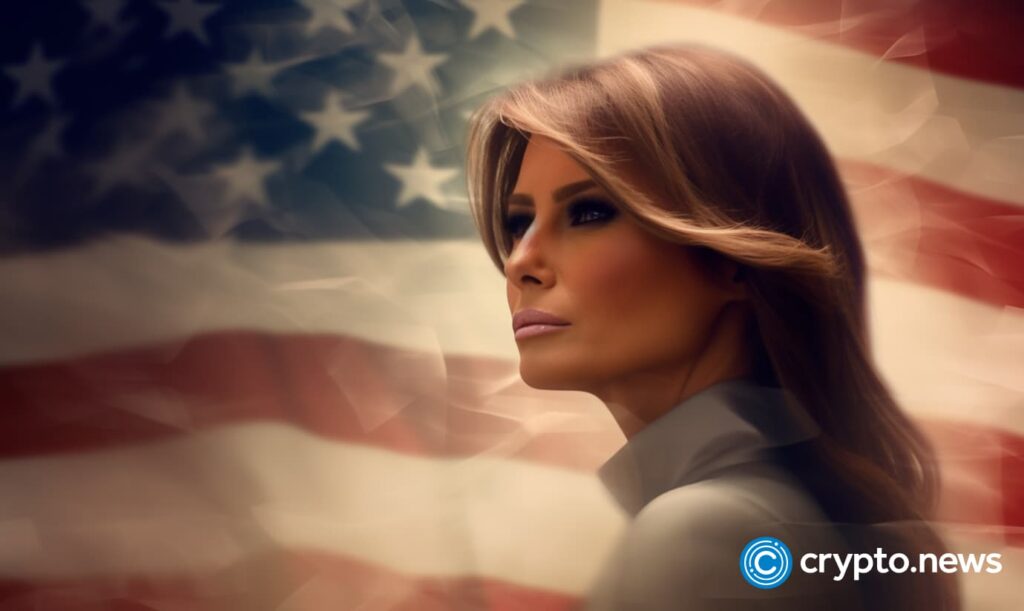 crypto-news-Melania-Trump-front-side-view-portrait-blurry-hologram-usa-flag-background-v5.1.jpg