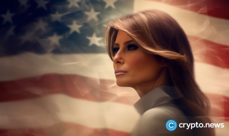 crypto-news-Melania-Trump-front-side-view-portrait-blurry-hologram-usa-flag-background-v5.1.jpg